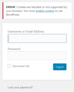 Screenshot of "ERROR: Cookies are blocked or not supported by your browser. You must enable cookies to use WordPress." message